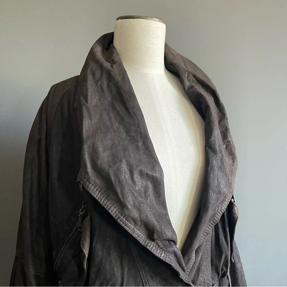Vintage Lamb Leather Draped Jacket Belted Brown Cropped Moto Oversized Biker - Picture 2 of 10